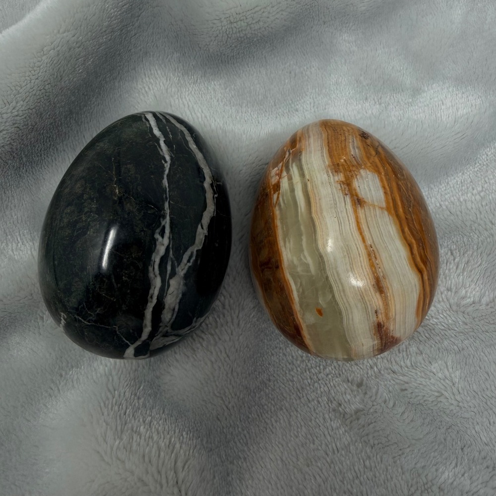 Vintage Polished Stone Marble Onyx Decorative Eggs Black White Brown Set of 2